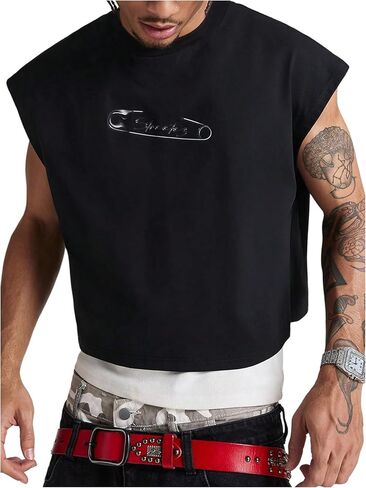 GORGLITTER Men's Letter Graphic Y2k Cropped Top Dolman Sleeve Crewneck Oversized Tank Tops in Saudi Arabia