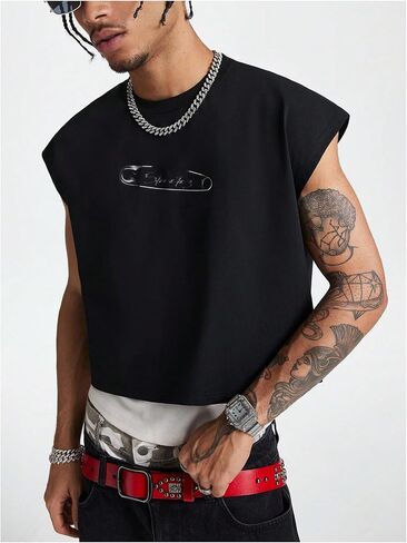 GORGLITTER Men's Letter Graphic Y2k Cropped Top Dolman Sleeve Crewneck Oversized Tank Tops in Saudi Arabia