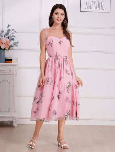 ODIZLI Butterfly Sleeve Dress for Women 1950s Retro Vintage Dress Sleeveless Tie Strap Embroidered Dress in Saudi Arabia