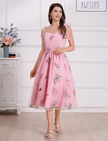 ODIZLI Butterfly Sleeve Dress for Women 1950s Retro Vintage Dress Sleeveless Tie Strap Embroidered Dress in Saudi Arabia