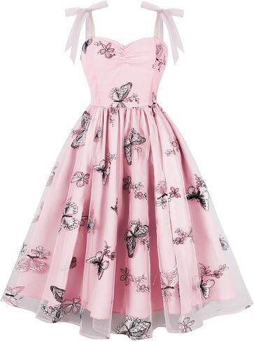 ODIZLI Butterfly Sleeve Dress for Women 1950s Retro Vintage Dress Sleeveless Tie Strap Embroidered Dress in Saudi Arabia