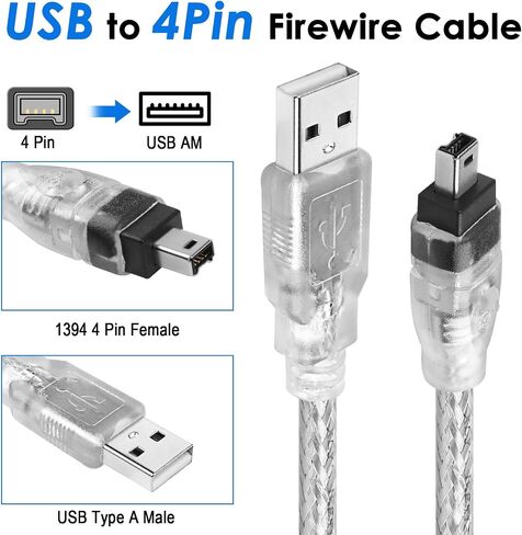 Firewire to USB Adapter Cable 6-Pin IEEE 1394 Male to USB 2.0 Male Converter Cord Firewire 400 1394-a to USB Connector Wire Lead for Connecting 6Pin Firewire Devices to USB Host (Transparent Shell) in Saudi Arabia