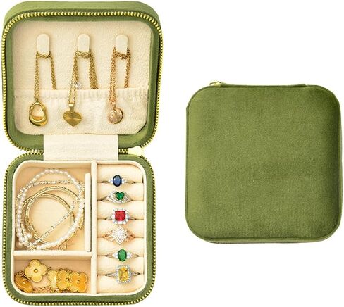 علبة مجوهرات السفر ، صندوق المجوهرات المخملي الصغير للنساء والفتيات ، منظم حامل المجوهرات المحمولة لأساور قلادات الأقراط (الأخضر الأفوكادو) in Kuwait