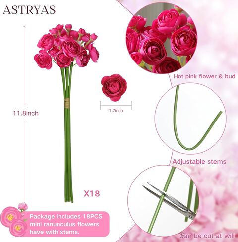 ASTRYAS Ranunculus Artificial Flower, 18Pcs Hot Pink Faux Silk Mini Ranunculus Flowers for DIY Bouquet, Bulk Fake Wedding Filler Flowers for Centerpiece Table Wedding Bridal Party Home Decor Cake in Kuwait
