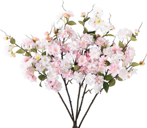 5pcs Cherry Blossom Branses 30 "الزهور الحريرية الاصطناعية للديكور المنزلي الزفاف الداخلي طاولة دش الطفل المركزية ترتيبات زهرية (أبيض) in Kuwait