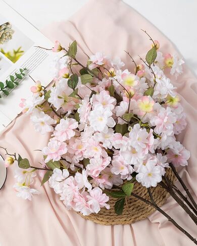 5pcs Cherry Blossom Branses 30 "الزهور الحريرية الاصطناعية للديكور المنزلي الزفاف الداخلي طاولة دش الطفل المركزية ترتيبات زهرية (أبيض) in Kuwait