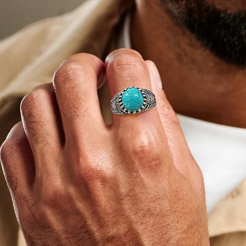 925 Sterling Silver Real Turquoise Ring for Men 12x10 mm Genuine Native American Rings Vintage Jewelry for Man in Saudi Arabia