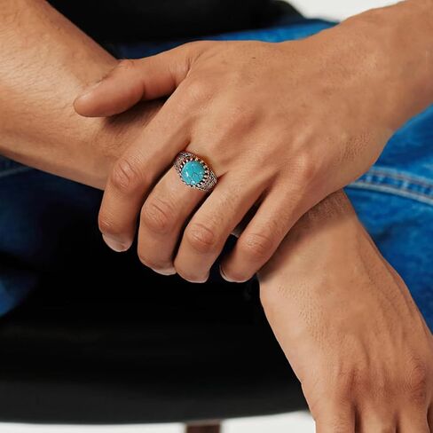 925 Sterling Silver Real Turquoise Ring for Men 12x10 mm Genuine Native American Rings Vintage Jewelry for Man in Saudi Arabia