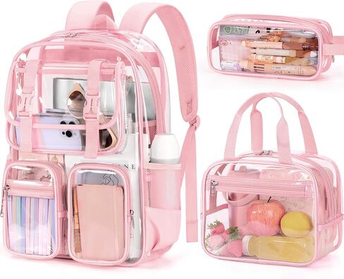 Fimibuke Clear Backpack for Girls - 3 PCS Heavy Duty Kids Clear Bags Schoolbag Large Transparent PVC Bookbag with Lunch Box Pencil Case Set for Travel School Concert Stadium Events Backpacks in Kuwait