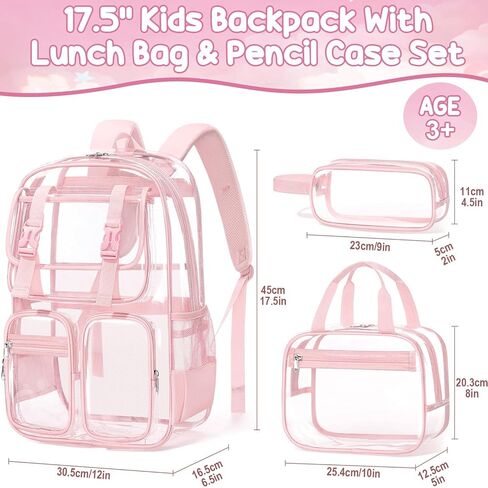 Fimibuke Clear Backpack for Girls - 3 PCS Heavy Duty Kids Clear Bags Schoolbag Large Transparent PVC Bookbag with Lunch Box Pencil Case Set for Travel School Concert Stadium Events Backpacks in Kuwait