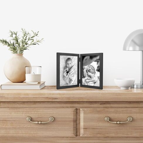 Americanflat Hinged 5x7 Picture Frame with Wide, Beveled Molding and Shatter-Resistant Glass - Modern Metal Picture Frame Displays Two 5x7 Photos - Elegant Photo Frames for Tabletop Display - Black in Kuwait