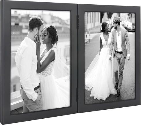 Americanflat Hinged 5x7 Picture Frame with Wide, Beveled Molding and Shatter-Resistant Glass - Modern Metal Picture Frame Displays Two 5x7 Photos - Elegant Photo Frames for Tabletop Display - Black in Kuwait