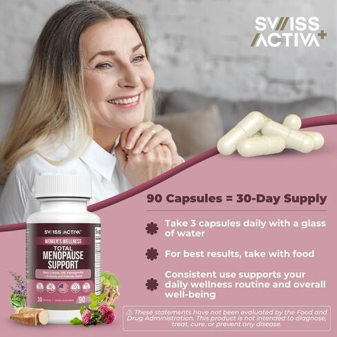 Swiss Activa+ دعم انقطاع الطمث الكلي-توازن الهرمونات ، إغاثة الفلاش الساخنة ، زيادة المزاج والطاقة ، صحة الأمعاء ، نباتي ، غير المعدلة وراثيا من انقطاع الطمث القائم على النبات للنساء-90 كبسولات | 30 يوم العرض in Kuwait