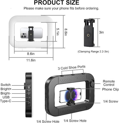 Smartphone Video Rig with Light, Handheld Ring Selfie Light Kit, LED Mobile Video Stabilizer with Built-in 8000mAh Battery for Camera, Smartphone, YouTube, TikTok Video Recording, Makeup in Saudi Arabia