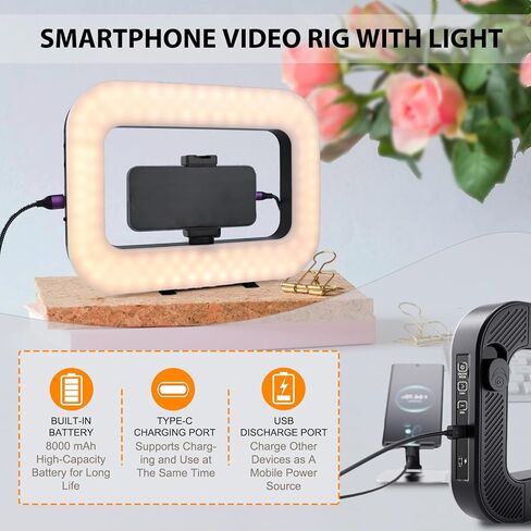 Smartphone Video Rig with Light, Handheld Ring Selfie Light Kit, LED Mobile Video Stabilizer with Built-in 8000mAh Battery for Camera, Smartphone, YouTube, TikTok Video Recording, Makeup in Saudi Arabia