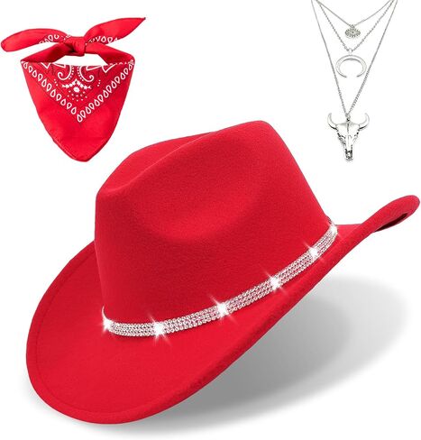 Western Black Cowboy Hats for Women Men, Fedora Wide Brim Sparkly Rhinestone Cowgirl Hat with Bandana and Evil Eye Bull Head Necklace in Saudi Arabia