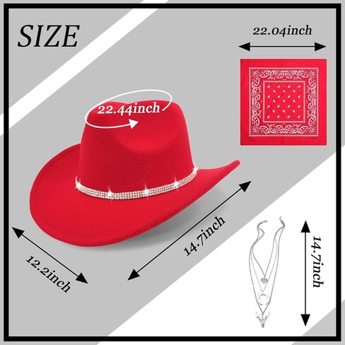 Western Black Cowboy Hats for Women Men, Fedora Wide Brim Sparkly Rhinestone Cowgirl Hat with Bandana and Evil Eye Bull Head Necklace in Saudi Arabia
