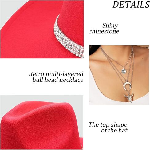 Western Black Cowboy Hats for Women Men, Fedora Wide Brim Sparkly Rhinestone Cowgirl Hat with Bandana and Evil Eye Bull Head Necklace in Saudi Arabia
