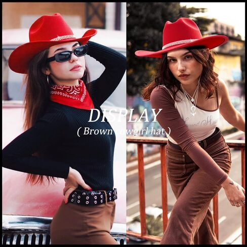 Western Black Cowboy Hats for Women Men, Fedora Wide Brim Sparkly Rhinestone Cowgirl Hat with Bandana and Evil Eye Bull Head Necklace in Saudi Arabia