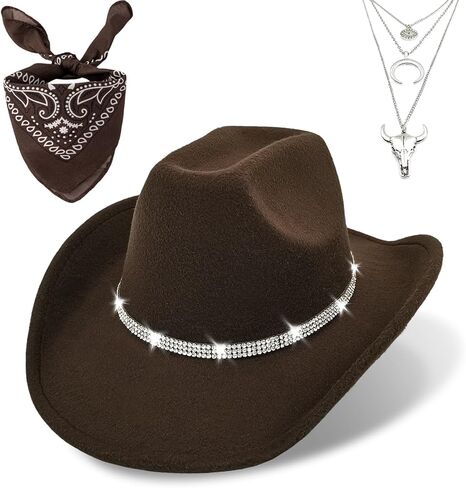 Western Black Cowboy Hats for Women Men, Fedora Wide Brim Sparkly Rhinestone Cowgirl Hat with Bandana and Evil Eye Bull Head Necklace in Saudi Arabia