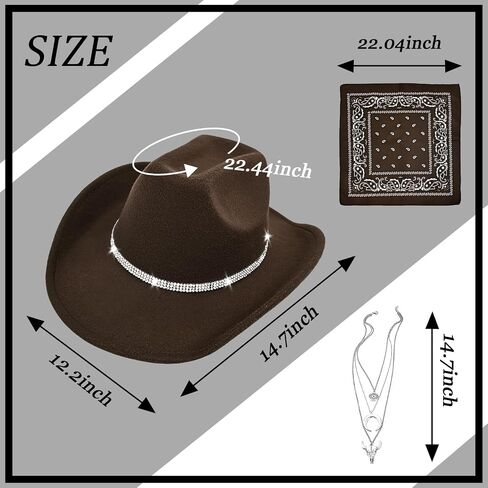 Western Black Cowboy Hats for Women Men, Fedora Wide Brim Sparkly Rhinestone Cowgirl Hat with Bandana and Evil Eye Bull Head Necklace in Saudi Arabia