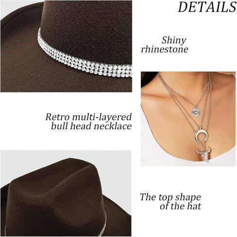 Western Black Cowboy Hats for Women Men, Fedora Wide Brim Sparkly Rhinestone Cowgirl Hat with Bandana and Evil Eye Bull Head Necklace in Saudi Arabia