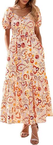PRETTYGARDEN Womens Summer Dresses 2025 Casual Boho Floral Puff Short Sleeve Flowy Maxi Dress Smocked V Neck Sun Dresses in Kuwait