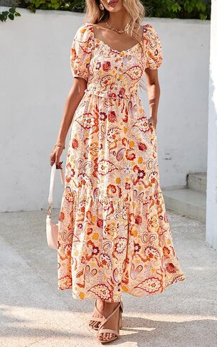 PRETTYGARDEN Womens Summer Dresses 2025 Casual Boho Floral Puff Short Sleeve Flowy Maxi Dress Smocked V Neck Sun Dresses in Kuwait