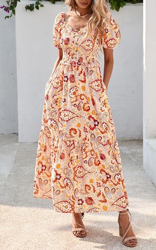 PRETTYGARDEN Womens Summer Dresses 2025 Casual Boho Floral Puff Short Sleeve Flowy Maxi Dress Smocked V Neck Sun Dresses in Kuwait