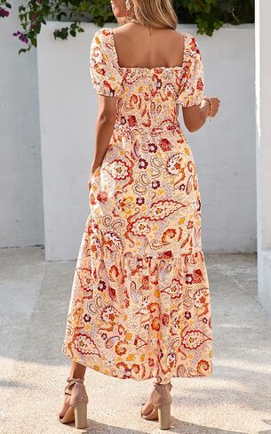 PRETTYGARDEN Womens Summer Dresses 2025 Casual Boho Floral Puff Short Sleeve Flowy Maxi Dress Smocked V Neck Sun Dresses in Kuwait
