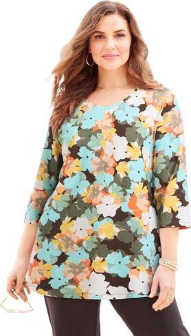 Catherines Women's Plus Size Suprema 3/4 Sleeve V-Neck Tee in Kuwait