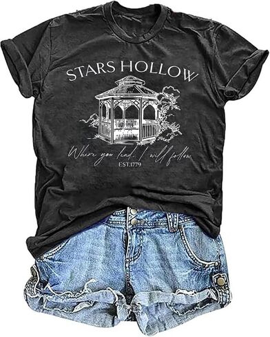 Stars Hollow T Shirt للنساء Halloween Cute Fall Shirt Funny Print Letter Festival Festival Short Sleeve Tops Tops in Kuwait