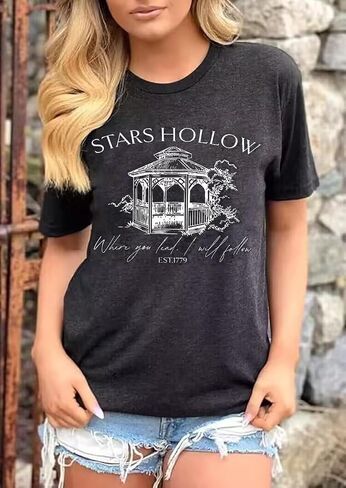 Stars Hollow T Shirt للنساء Halloween Cute Fall Shirt Funny Print Letter Festival Festival Short Sleeve Tops Tops in Kuwait