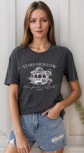 Stars Hollow T Shirt للنساء Halloween Cute Fall Shirt Funny Print Letter Festival Festival Short Sleeve Tops Tops in Kuwait