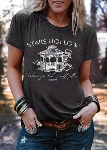 Stars Hollow T Shirt للنساء Halloween Cute Fall Shirt Funny Print Letter Festival Festival Short Sleeve Tops Tops in Kuwait