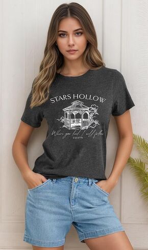 Stars Hollow T Shirt للنساء Halloween Cute Fall Shirt Funny Print Letter Festival Festival Short Sleeve Tops Tops in Kuwait