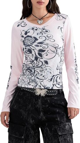 Women Grunge Clothes Y2K Long Sleeve Graphic Tees Vintage Gothic Aesthetic Tops Cute Teen Girls Shirts in Kuwait