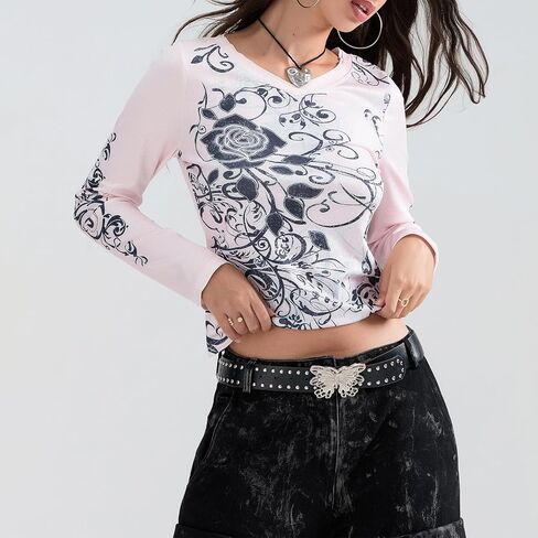 Women Grunge Clothes Y2K Long Sleeve Graphic Tees Vintage Gothic Aesthetic Tops Cute Teen Girls Shirts in Kuwait