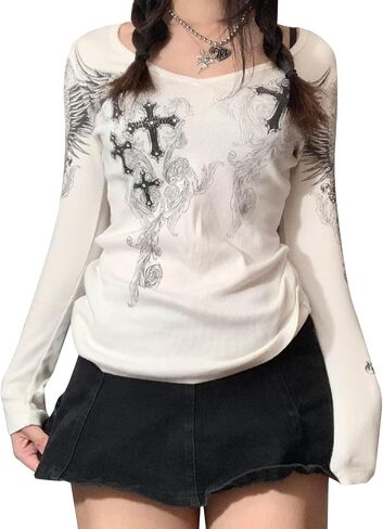 Women Grunge Clothes Y2K Long Sleeve Graphic Tees Vintage Gothic Aesthetic Tops Cute Teen Girls Shirts in Kuwait