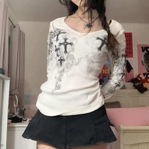 Women Grunge Clothes Y2K Long Sleeve Graphic Tees Vintage Gothic Aesthetic Tops Cute Teen Girls Shirts in Kuwait