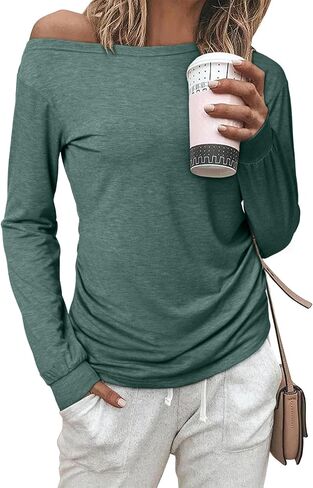 EVALESS Womens Off The Shoulder Tops Casual Long Sleeve Asymmetrical Boat Neck Going Out Tops T Shirts Fashion Clothing in Saudi Arabia