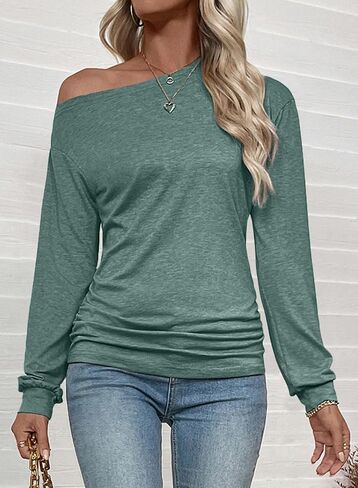 EVALESS Womens Off The Shoulder Tops Casual Long Sleeve Asymmetrical Boat Neck Going Out Tops T Shirts Fashion Clothing in Saudi Arabia