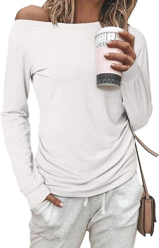 EVALESS Womens Off The Shoulder Tops Casual Long Sleeve Asymmetrical Boat Neck Going Out Tops T Shirts Fashion Clothing in Saudi Arabia
