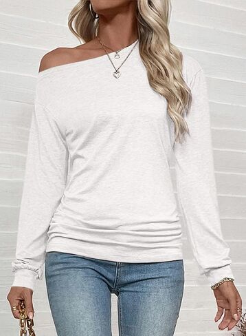 EVALESS Womens Off The Shoulder Tops Casual Long Sleeve Asymmetrical Boat Neck Going Out Tops T Shirts Fashion Clothing in Saudi Arabia