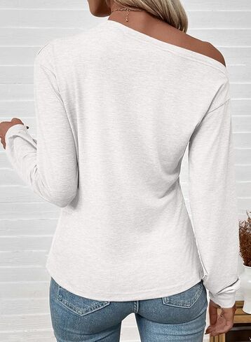 EVALESS Womens Off The Shoulder Tops Casual Long Sleeve Asymmetrical Boat Neck Going Out Tops T Shirts Fashion Clothing in Saudi Arabia