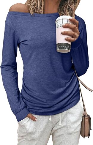 EVALESS Womens Off The Shoulder Tops Casual Long Sleeve Asymmetrical Boat Neck Going Out Tops T Shirts Fashion Clothing in Saudi Arabia