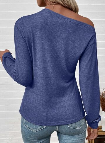 EVALESS Womens Off The Shoulder Tops Casual Long Sleeve Asymmetrical Boat Neck Going Out Tops T Shirts Fashion Clothing in Saudi Arabia