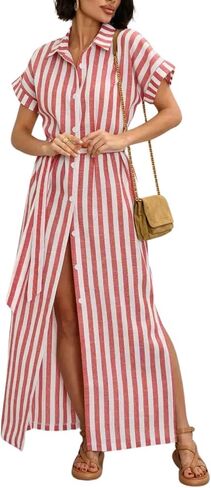 utcoco Women's 2025 Striped Short Sleeve Cotton Maxi Shirt Dress Belted Side Slit Button Down Dress with Pockets in Saudi Arabia