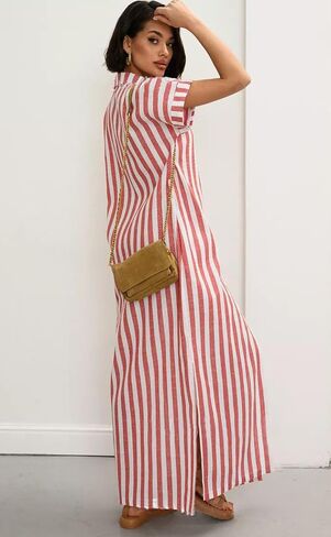 utcoco Women's 2025 Striped Short Sleeve Cotton Maxi Shirt Dress Belted Side Slit Button Down Dress with Pockets in Saudi Arabia