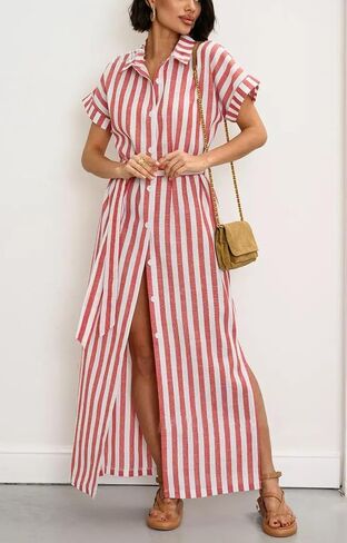 utcoco Women's 2025 Striped Short Sleeve Cotton Maxi Shirt Dress Belted Side Slit Button Down Dress with Pockets in Saudi Arabia
